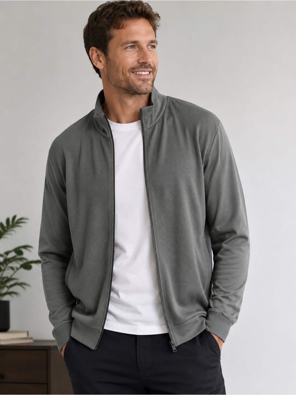 BOSS Hugo Boss Men’s Large Full Zip Lightweight Jacket Sage Textured 100% Cotton